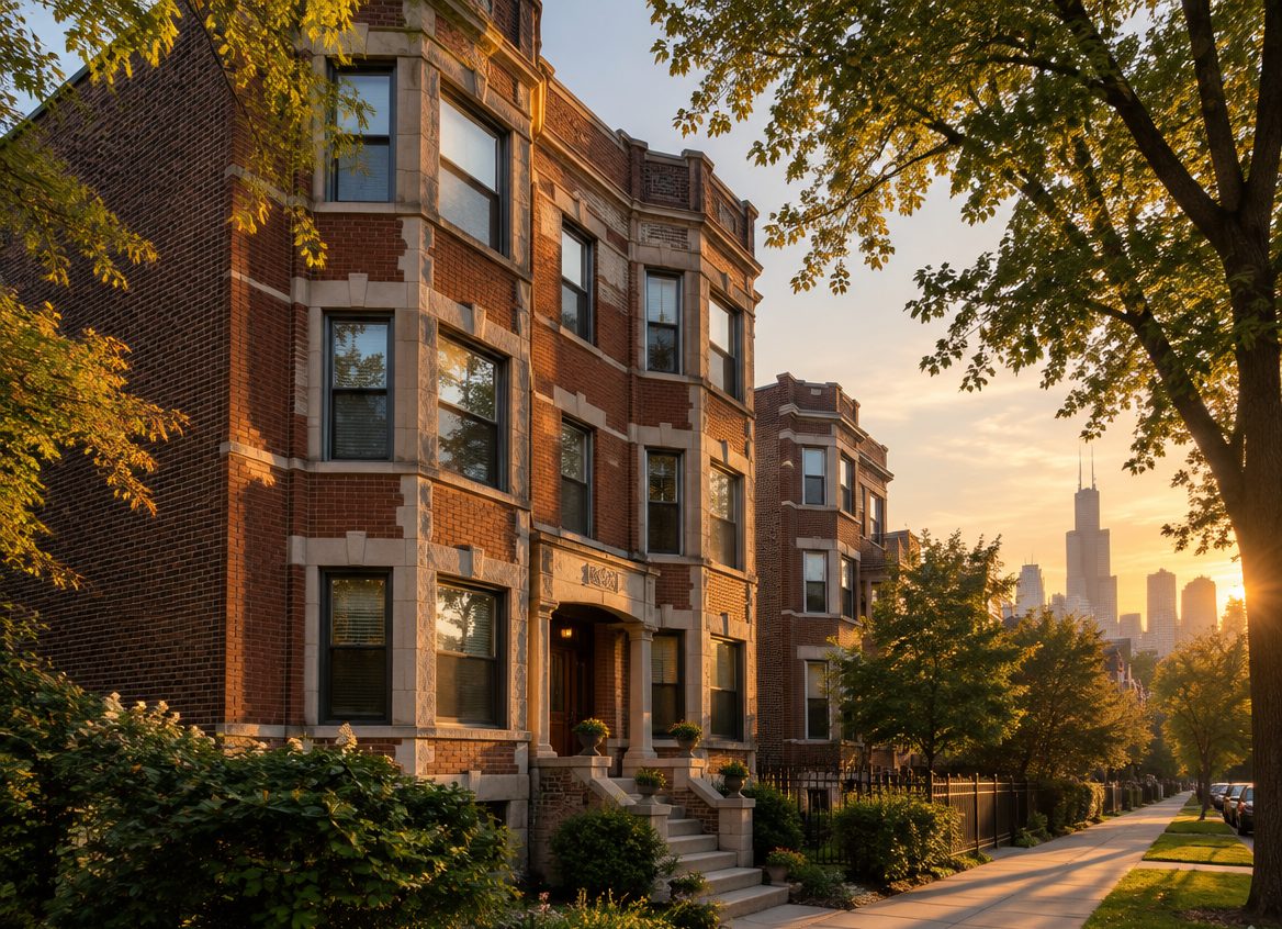 Brick Chicago six-flat apartment building at sunset with the downtown skyline in the distance