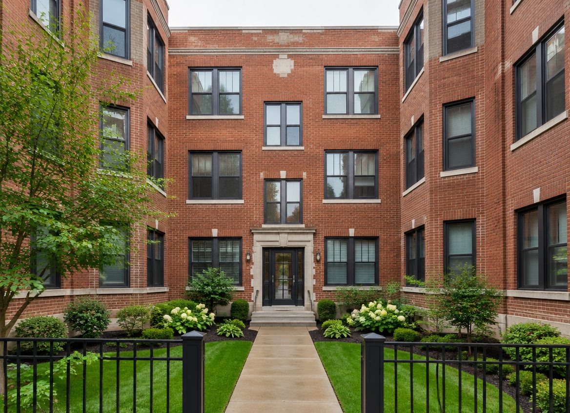 Red brick courtyard apartment building with landscaping
