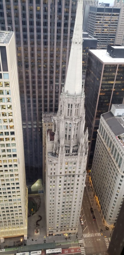 Looking down on the Chicago Temple spire and surrounding Loop towers