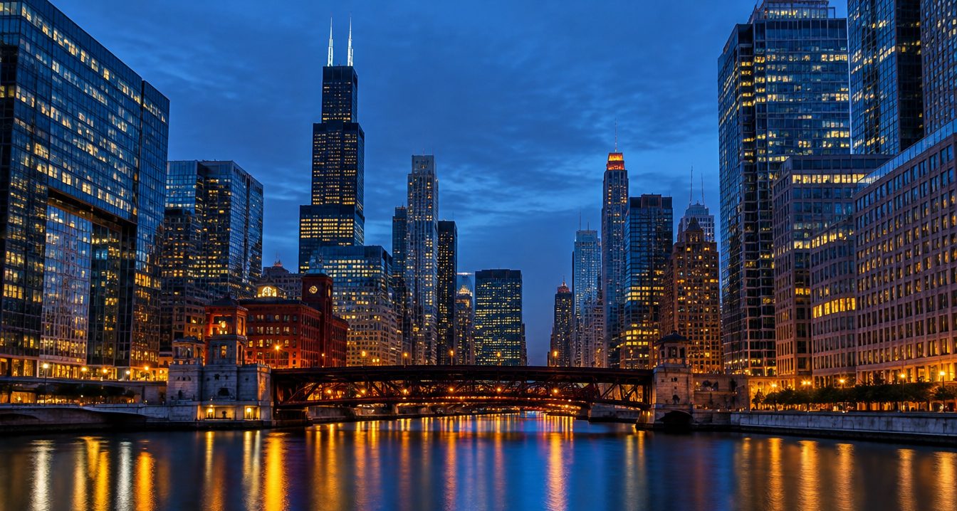 Chicago skyline and river at dusk